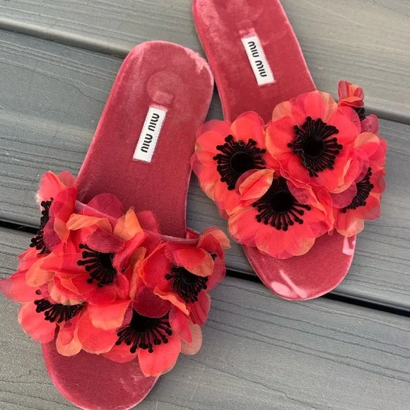 Miu Miu pink velvet floral slides